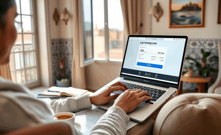 Imagem de um computador portátil exibindo um formulário de empréstimo online, representando o processo digital simplificado.