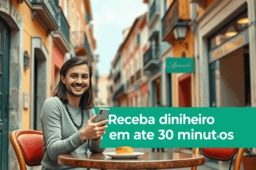 Imagem de uma pessoa feliz recebendo dinheiro rapidamente através de uma plataforma online.