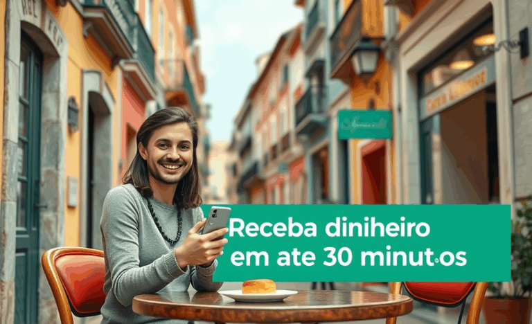 Imagem de uma pessoa feliz recebendo dinheiro rapidamente através de uma plataforma online.