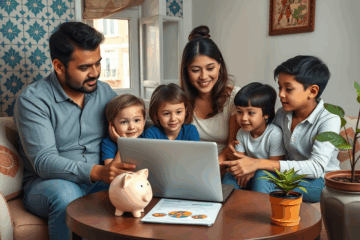 Imagem de uma família reunida em torno de um computador, consultando opções de crédito acessível.