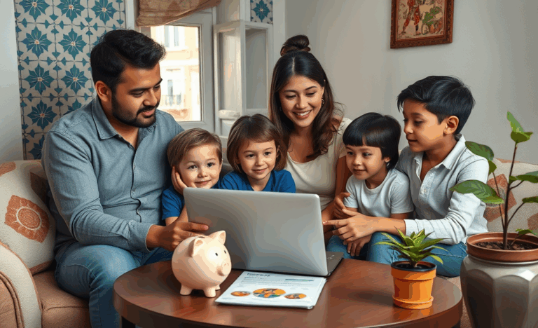 Imagem de uma família reunida em torno de um computador, consultando opções de crédito acessível.