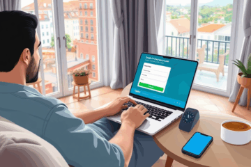 Pessoa usando um laptop para solicitar crédito online em casa.