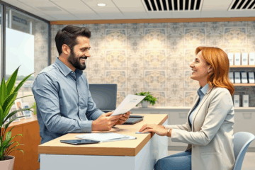 Imagem de um consultor sorridente ajudando um cliente em um ambiente acolhedor, simbolizando atendimento humanizado e agilidade financeira.