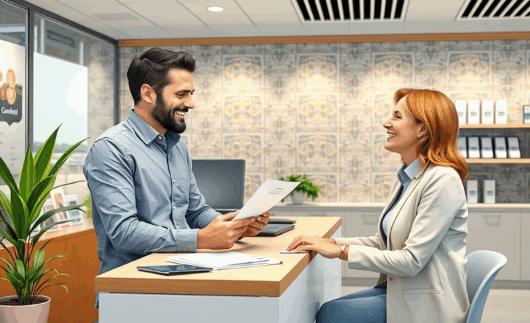 Imagem de um consultor sorridente ajudando um cliente em um ambiente acolhedor, simbolizando atendimento humanizado e agilidade financeira.